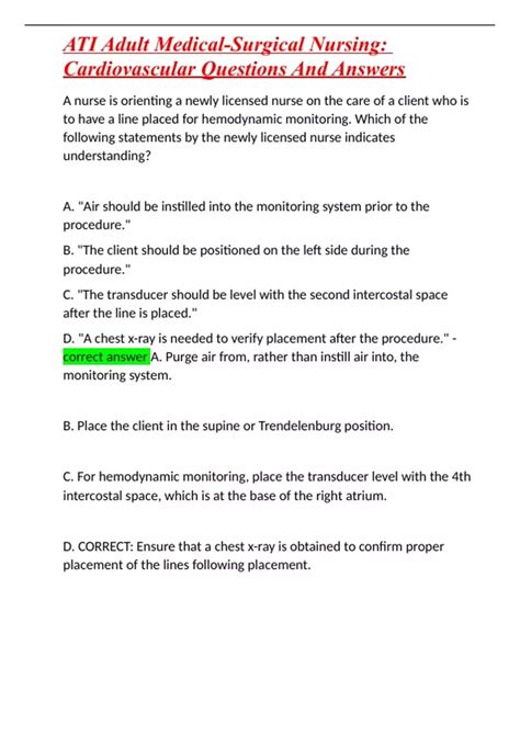 ATI Adult Medical-Surgical Nursing: Cardiovascular Questions And