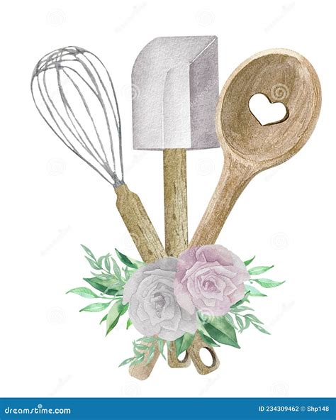 Watercolor Illustration Of Bakery With Whisk Spoon And Spatula Logo