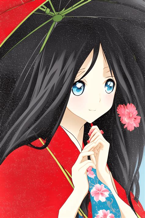 Anime Girl With Black Hair And Black Eyes Kimono