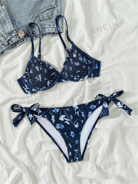 SHEIN Swim Ensemble de bikini fleuri froncé à armature soutien gorge