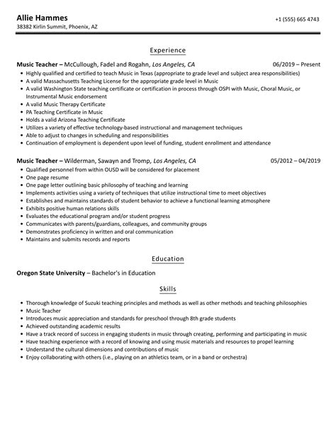 Music Teacher Resume Samples Velvet Jobs