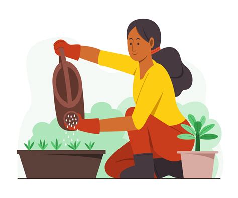 Woman Enjoys Watering The Plants In The Garden Vector Art At