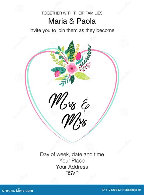 Beautiful Feminine Wedding Floral Invitation For Same Sex Couple Stock
