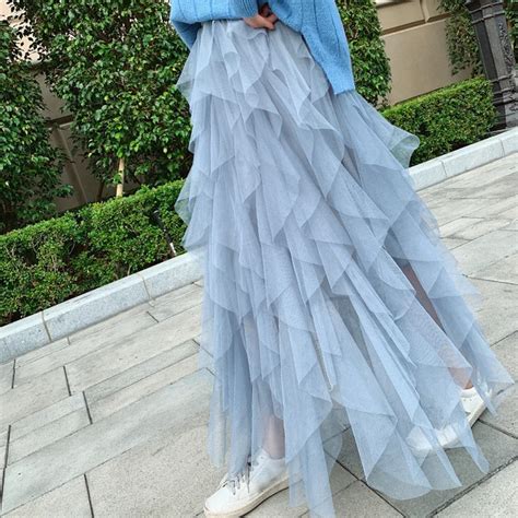 2019 Tulle Skirts Women High Waist Mesh Hem Asymmetrical Pleated