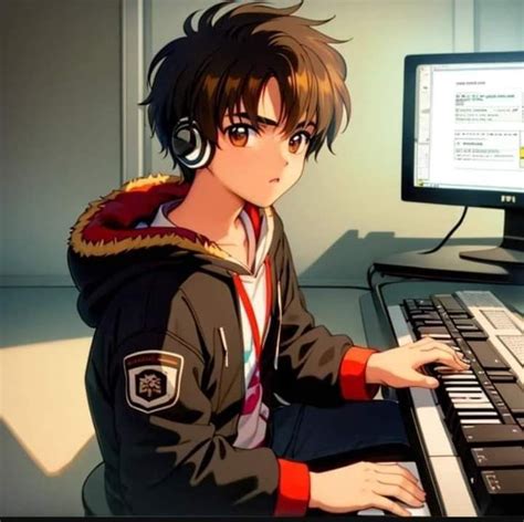 A Person Sitting In Front Of A Computer With Headphones On And Using A