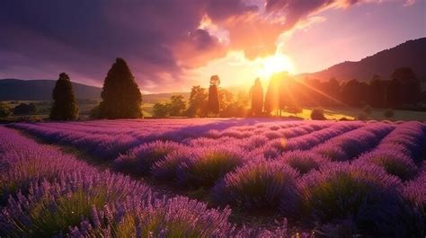 Premium Ai Image Sunset Over Lavender Field In Provence France