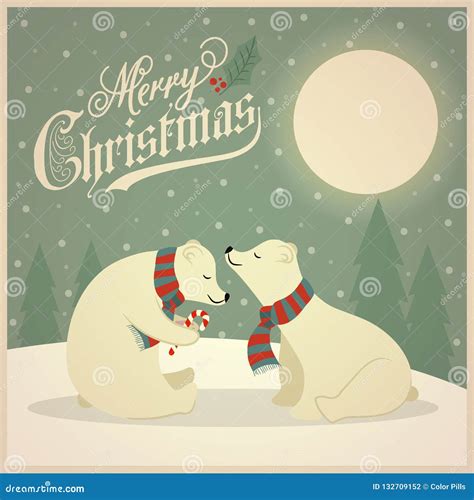 Beautiful Retro Christmas Card With Polar Bears Couple Stock Vector