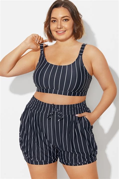 Plus Size Black White Pinstripe Bikini Top Meet Curve Meet Curve