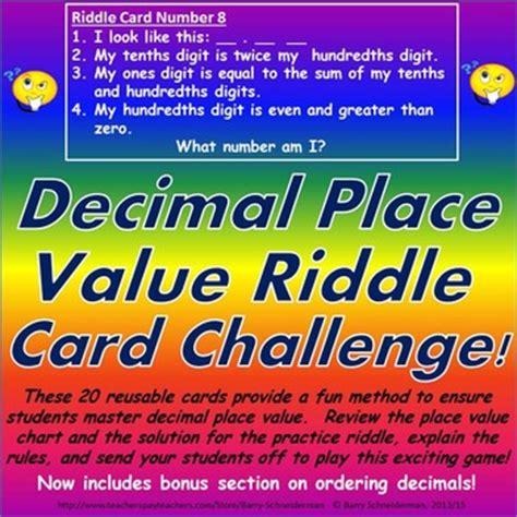 Decimal Place Value Riddle Card Challenge Game With Ordering Of Decimals