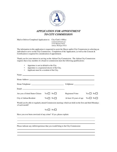 City Of Adrian Michigan Application For Appointment To City Commission