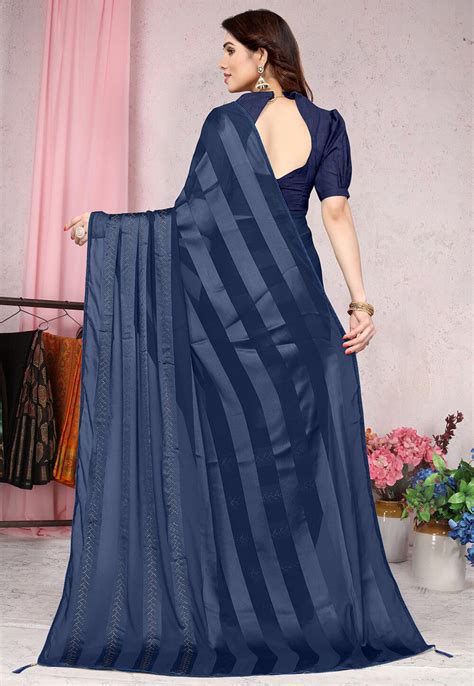 Buy Embellished Georgette Brasso Saree In Navy Blue Online Sjra