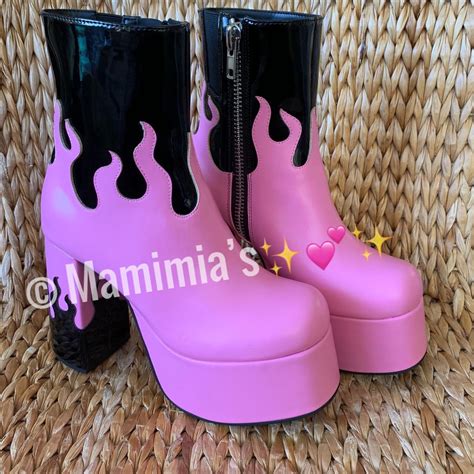 Black And Pink Flame Platform Boots New In Box From Depop