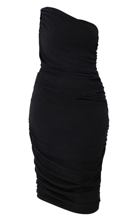 Plus Black One Shoulder Ruched Midi Dress Prettylittlething