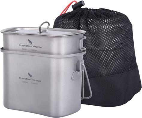 Boundless Voyage Titanium Canteen Mess Kit With Lid And Folding Handles