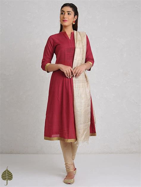 Buy Red Handloom Cotton Kurta With Zari Border By Jaypore Women Kurtas