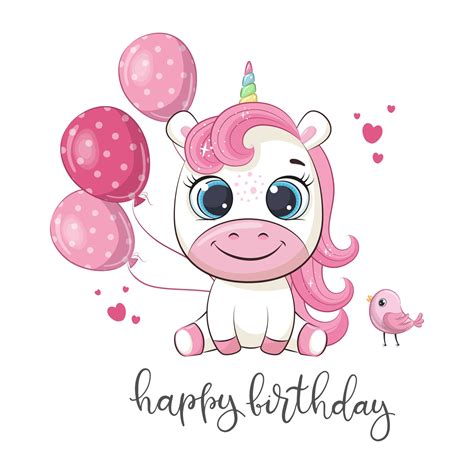 Happy Birthday Greeting Card With Unicorn Vector Cartoon Illustration