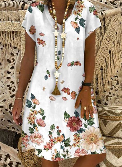 Floral Tunic V Neckline Knee Length A Line Dress Casaillustri