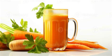 close up of Fresh Carrot Juice with vegetables, isolated on white ...