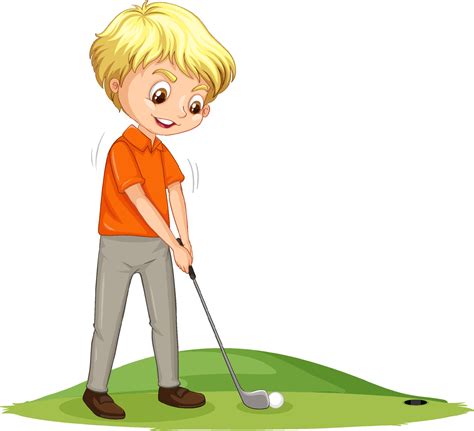 Cartoon Character Of A Boy Playing Golf On White Background