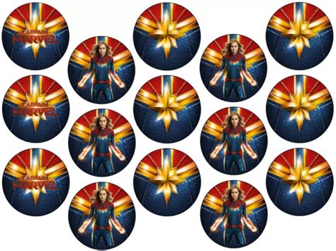 CAPTAIN MARVEL INSPIRED 15 X 2 Round Cupcake Toppers Edible Icing