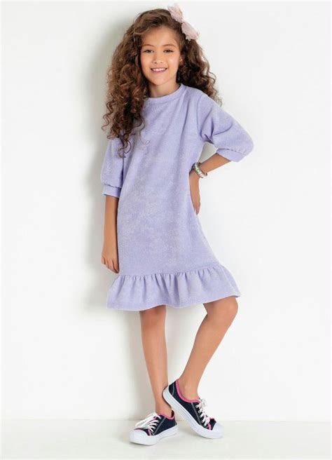 Vestido Infantil Mangas Bufantes de Plush Lilás Queima de Estoque