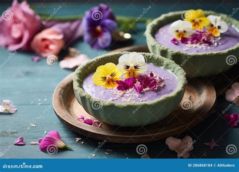 Smoothie Bowls With Edible Flowers And Eco Friendly Utensils Stock