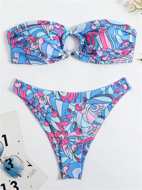 Double Sided Print Bandeau Bikini Set Women Strappy Off The Shoulder