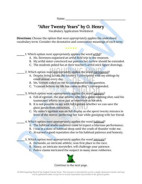 After Twenty Years By O Henry Vocabulary Games And Activities For