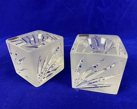 Pair Of Samobor Frosted Cut Glass Crystal Candle Holders Rare Square Taper Candle Holders