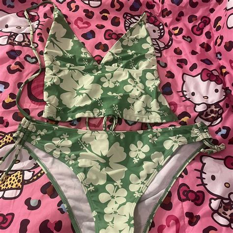 Y K Coconut Girl Green And White Hibiscus Bikini Depop