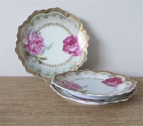 Antique Bavaria Fine China Plates Set Of 3 Pink Cabbage Roses Gold