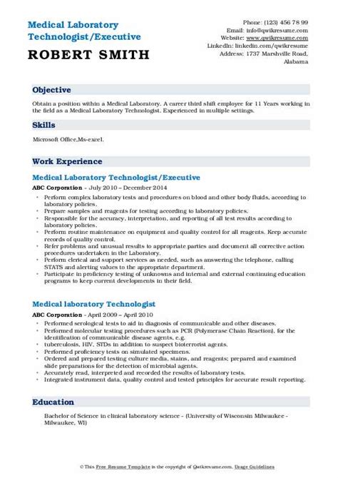 Medical Laboratory Technologist Resume Samples | QwikResume