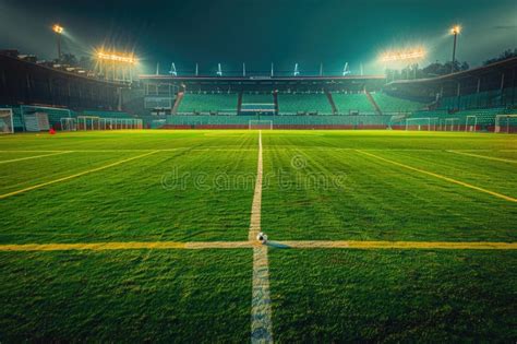 Empty Soccer Stadium At Night With Illuminated Field And Stands Stock