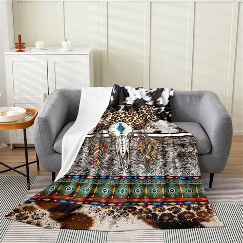 Yst Longhorn Skull Western Throw Blanket Leopard Print Fleece Blanket