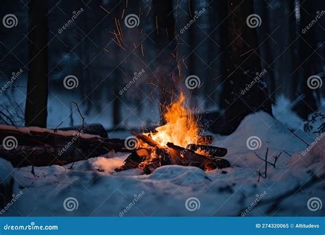 Campfire With Flickering Flames And Snowflakes Falling Around It In