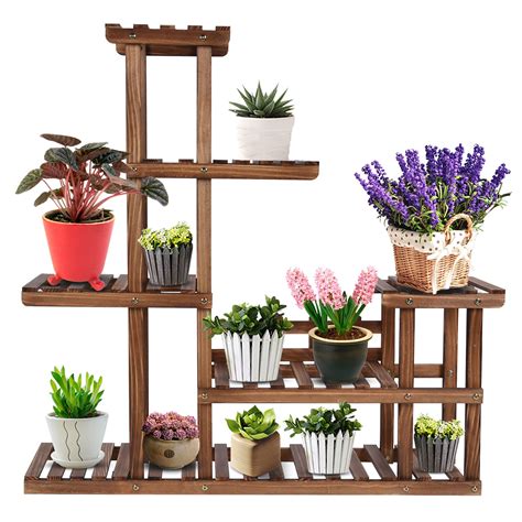 Buumin Wood Plant Stand Indoor Outdoor Multi Tier Flower Shelves For