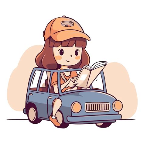 Premium Vector | Cute little girl driving a car in cartoon style