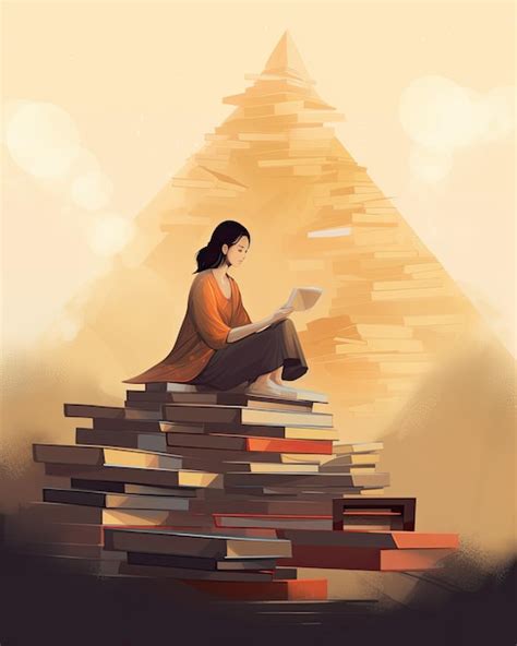 Mujer sentada y meditando en un montón de libros copia espacio creado