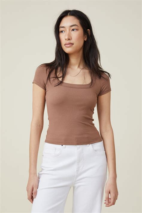 Staple Rib Scoop Neck Short Sleeve Top Russet Brown Cotton On T