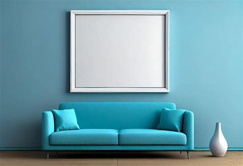 Premium AI Image | a blue couch with a white frame and a blue sofa against a blue wall.