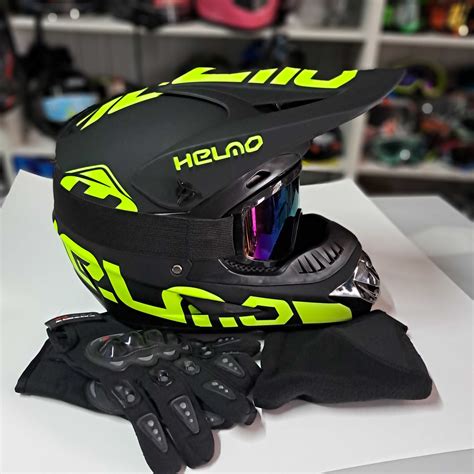 Мото шлем PitBike Helmo Yellow с очками и перчатками: 1 880 грн ...