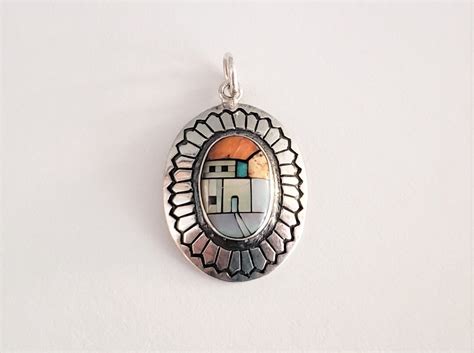 Native American Pueblo Homes Design Silver Multicolor Pendant - Etsy