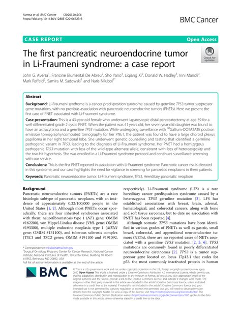 Pdf The First Pancreatic Neuroendocrine Tumor In Li Fraumeni Syndrome