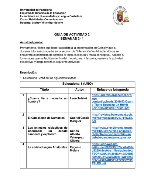 Gu A De Actividad Semana Y Facultad De Ciencias De La Educaci N