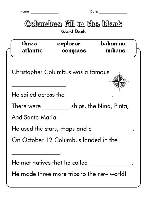 Christopher Columbus Kindergarten Worksheets