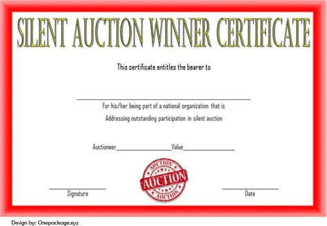 An Award Certificate With The Words Silent Auction Winner Certificate