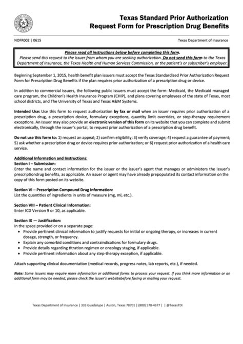 Fillable Form Nofr Texas Standard Prior Authorization Request Form