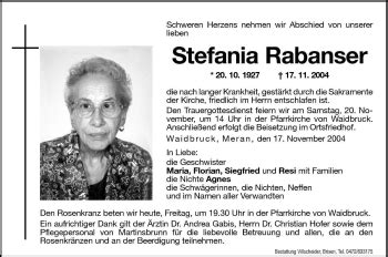 Traueranzeigen Von Stefania Rabanser Trauer Bz