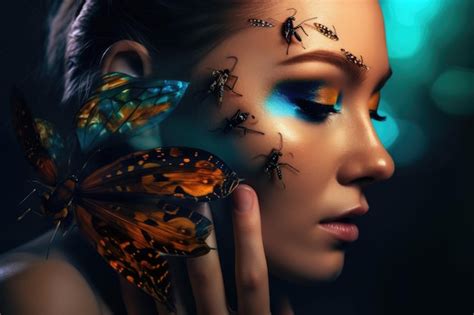 Premium Ai Image Sensual Woman With Body Art And Colored Butterflies