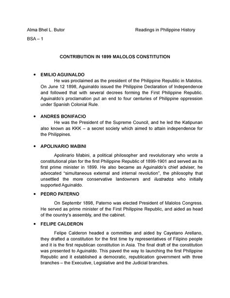1899 Malolos Constitution Alma Bhel L Butor Readings In Philippine History Bsa 1
